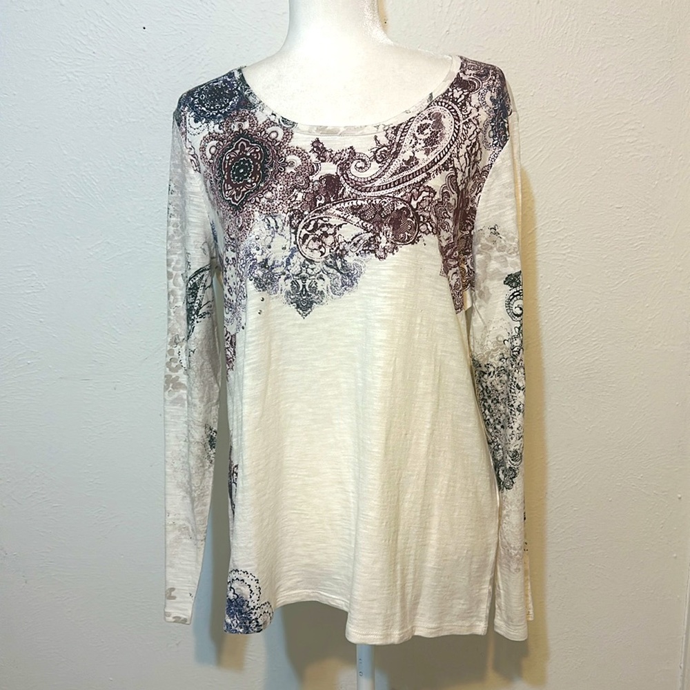 Chico's Cream Long Sleeve Paisley Print Top